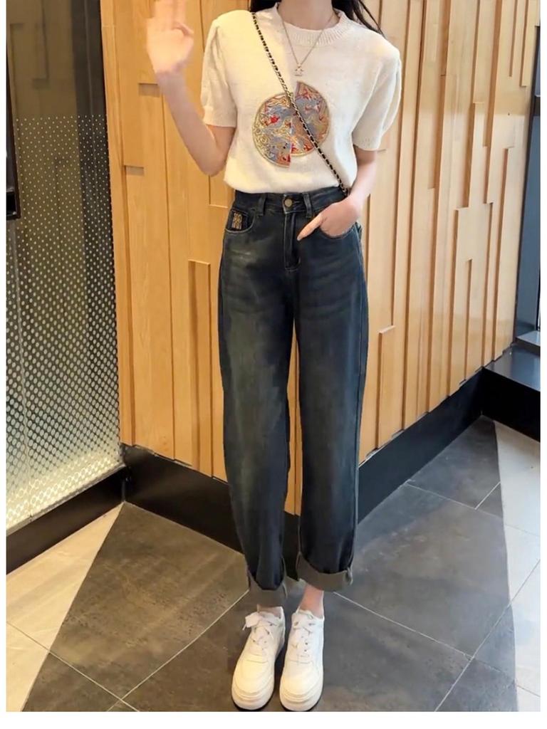 Women's Plus Size Fleece-Lined Harem Jeans - Winter High Waist Straight Leg Loose Carrot Pants