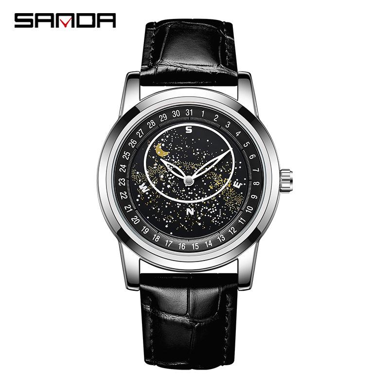 Sanda 7002 Men s Luminous Quartz Watch with Leather Strap  Rotating Starry Sky Dial