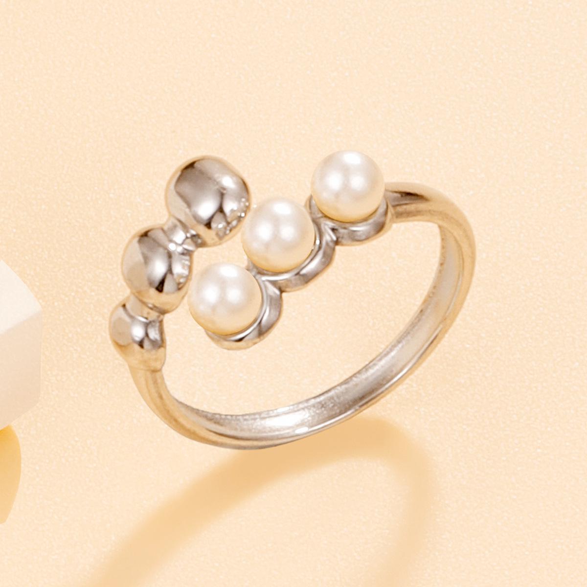Vintage Chic Pearl Geometric Round Drum Stainless Steel Open Ring