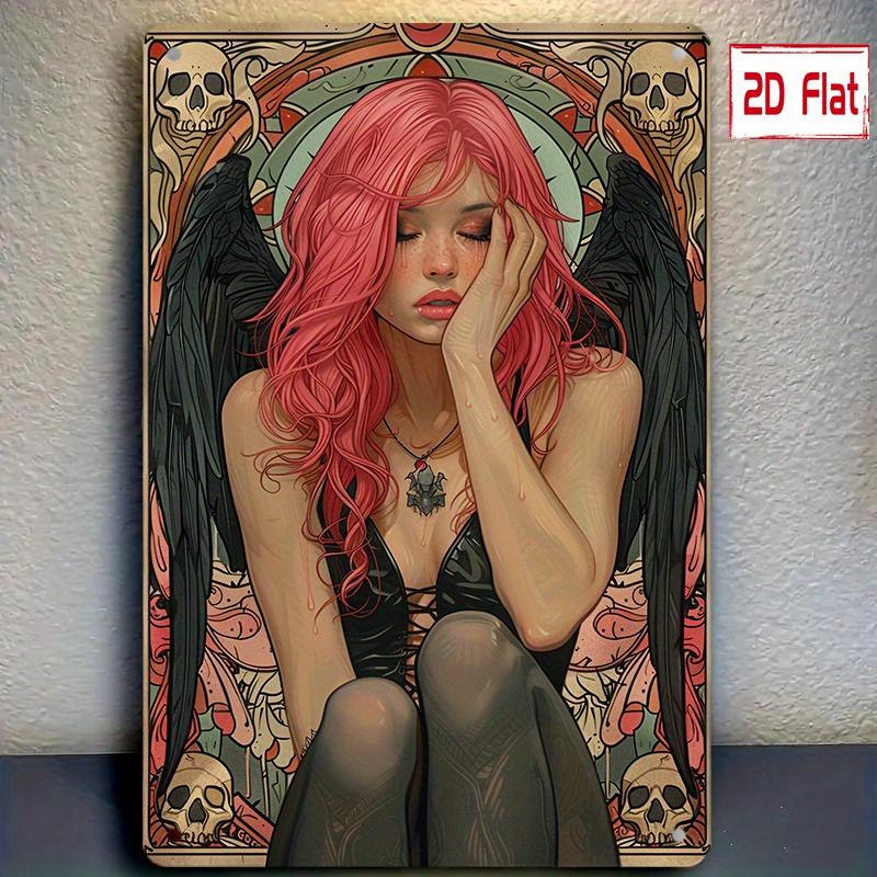 

Gothic Girl Metal Wall Art 8x12 inchDark Aesthetic Decor with Pink Hair Skull WingsVintage Halloween Indoor Outdoor Iron Si 20x30cm