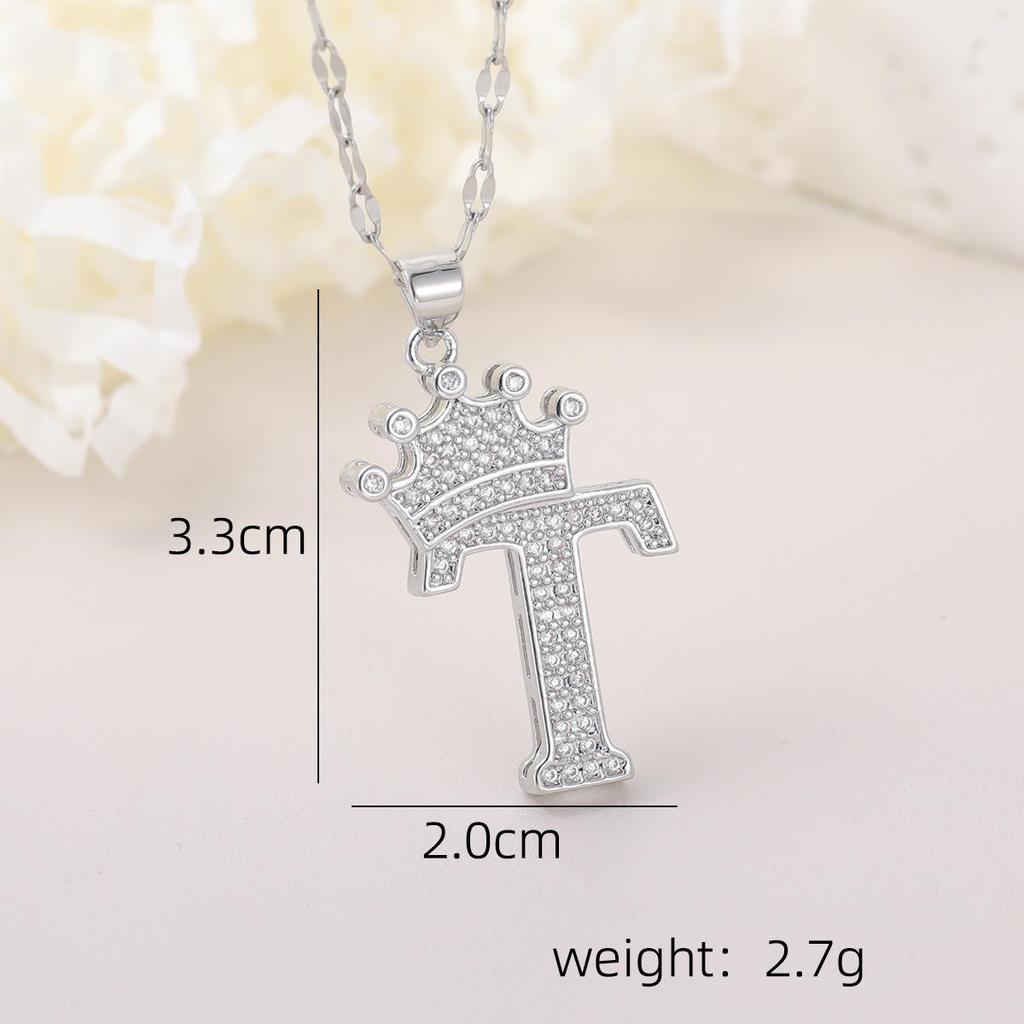 Copper Micro-Inlaid Zircon Crown Letter Pendant Necklace - Hip-Hop Silver Fashion