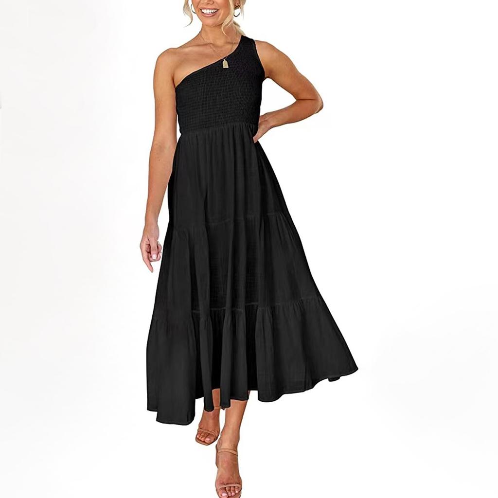 Women's Fashion Casual One Shoulder Pleated Color Medium Length Dress