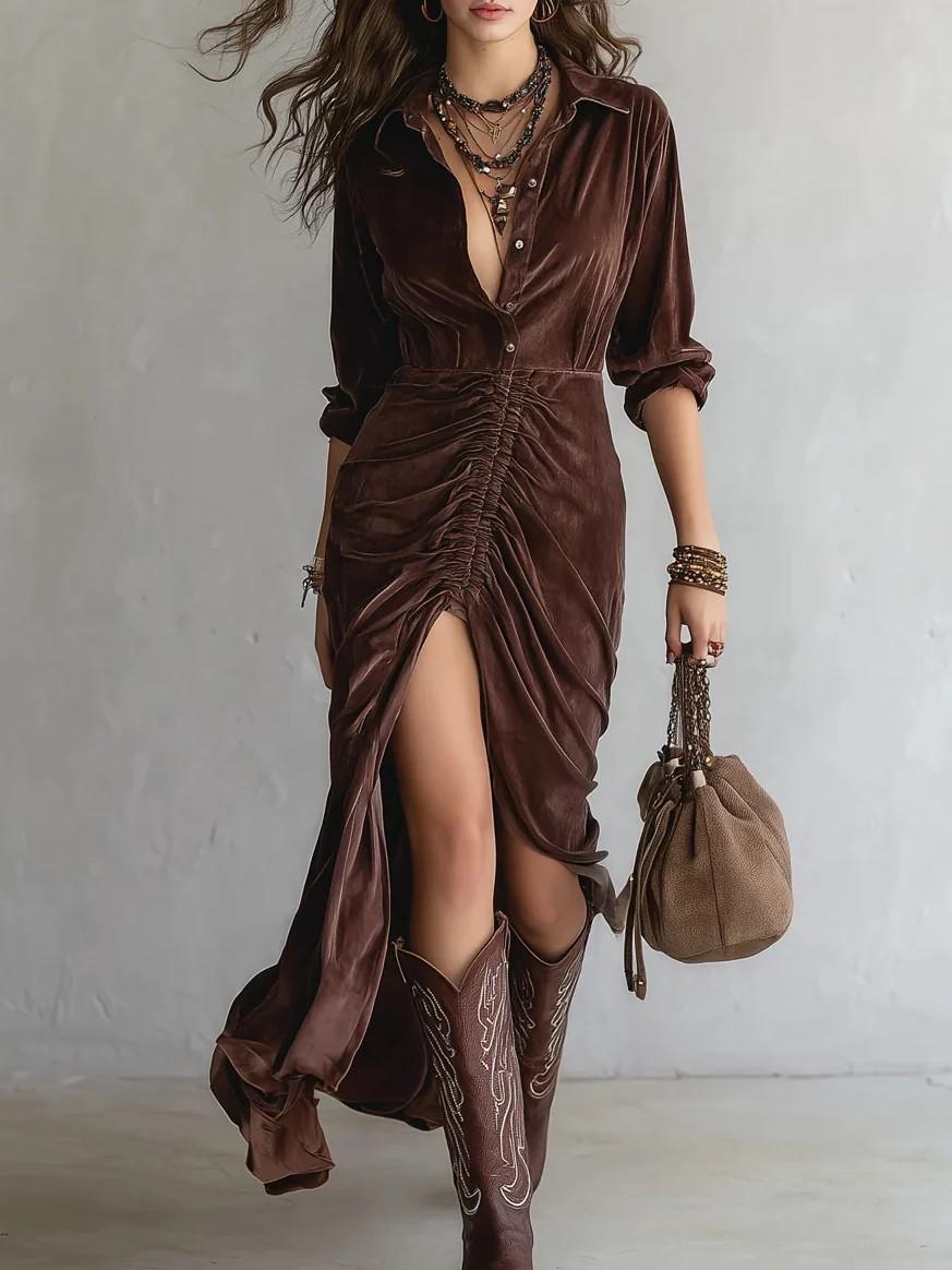 

2025 Autumn/Winter Velvet Ruffled Slit Long Shirt Dress with Lapel and Buttons S