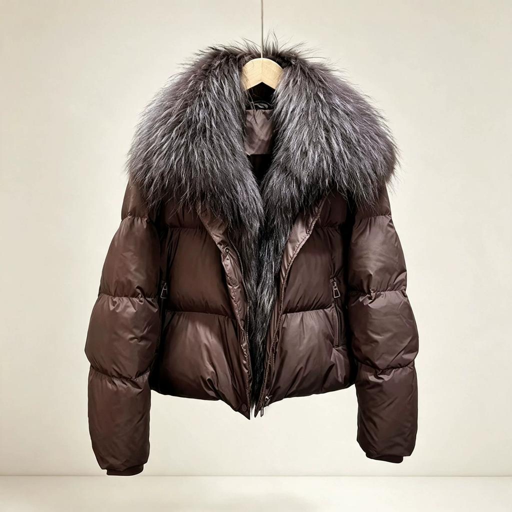 Gecă scurtă de damă, albă, cu puf de rață, guler nou din blană naturală de vulpe, la modă, versatilă, călduroasă