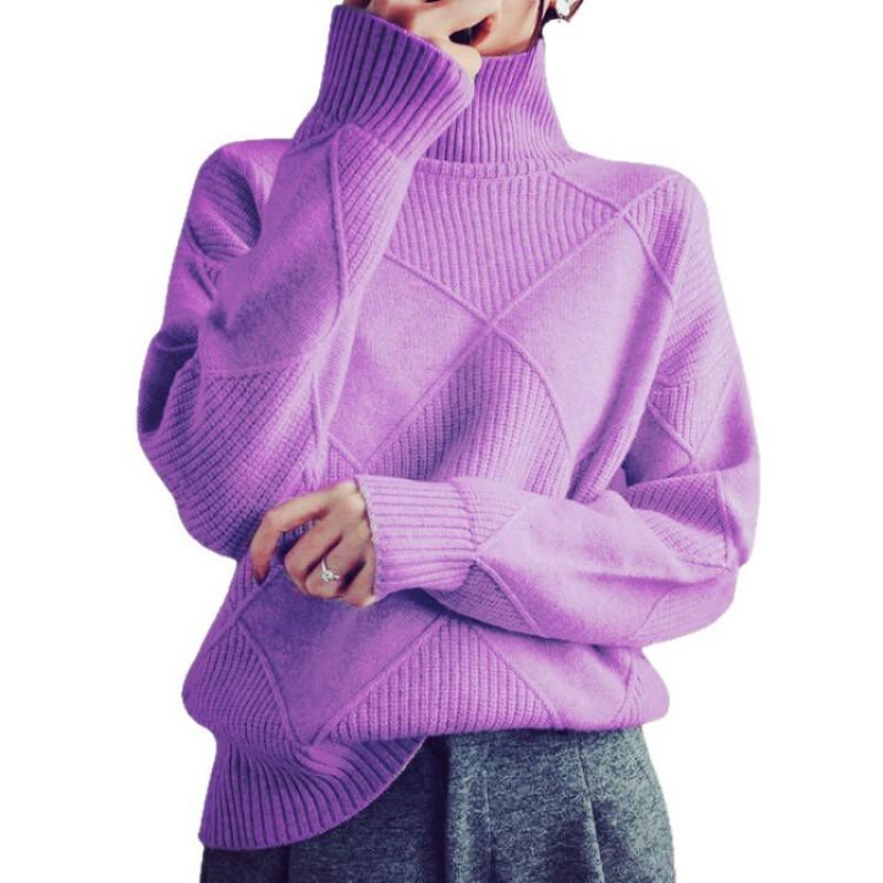 Womens Loose Knit Sweater High Neck Warm Pullover Solid Color Casual Winter Top