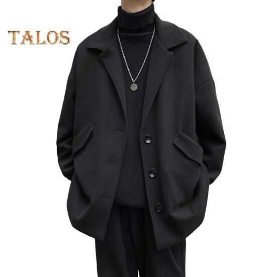 Мужское шерстяное пальто с лацканами, длинный рукав, однобортная ветровка, однотонное свободное пальто средней длины с карманами, официальная одежда M