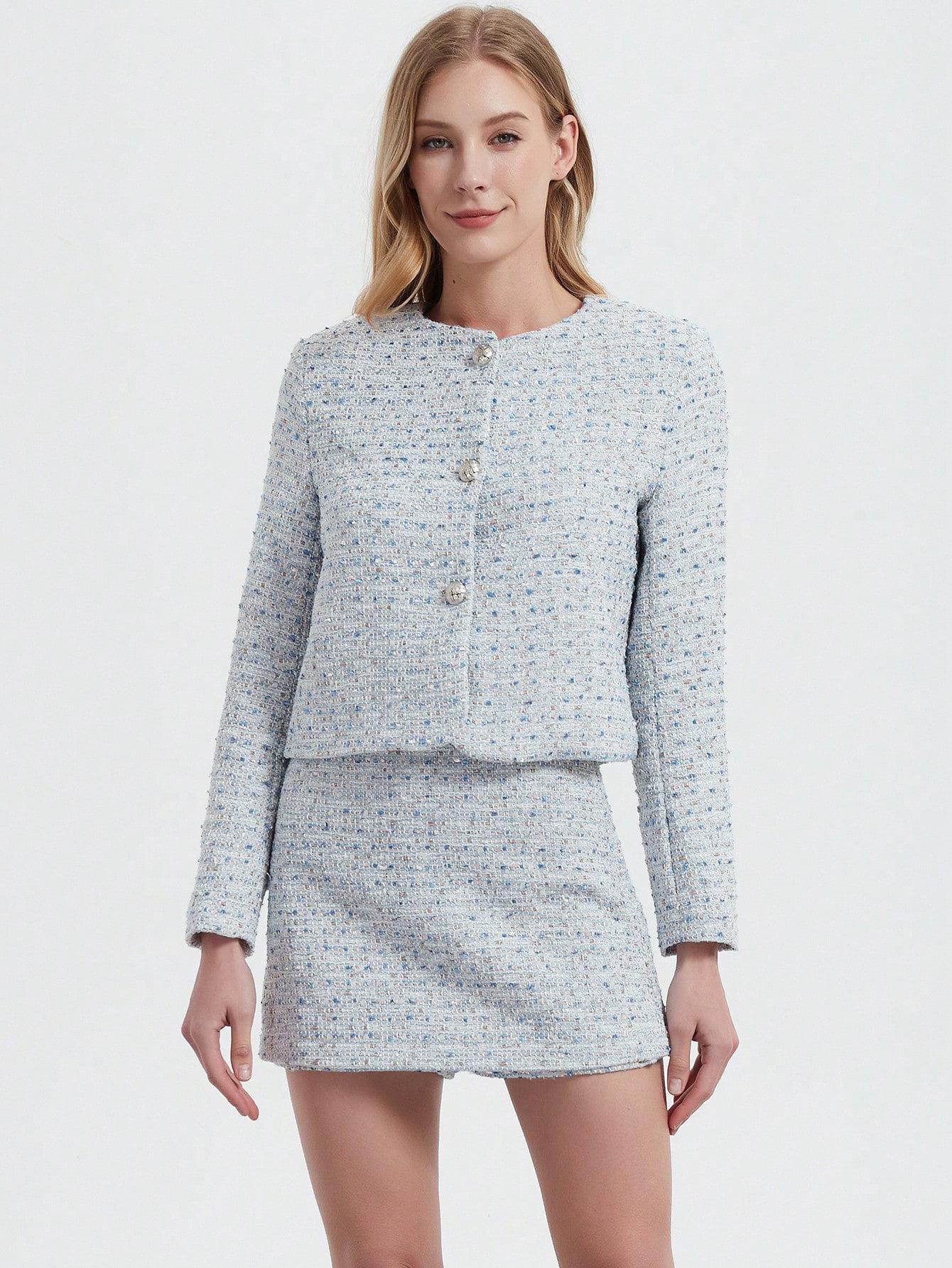 

Комплект пиджака и юбки/брюк А-силуэта в европейском и американском стиле для весны/осени в стиле «маленький аромат» Small светло-синий