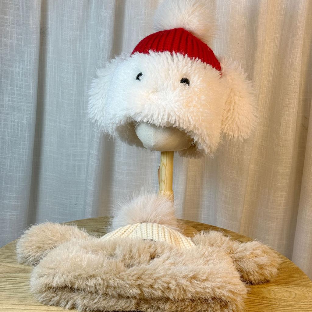 Cute Funny Puppy Plush Hat for Women in Winter Plus Velvet To Keep Warm and Sweet Knitted Ear Protection Hat Showing Face Small Woolen Hat