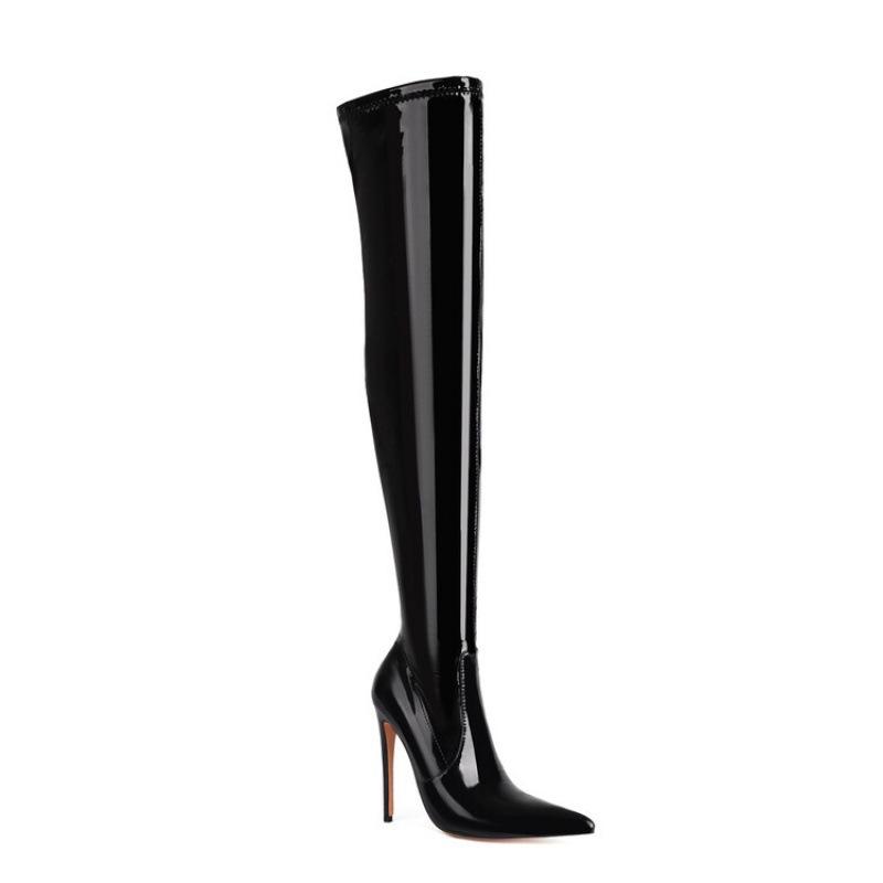 Europeiska och amerikanska knähöga stövlar med tunn klack för damer, stövlar i stora storlekar, enfärgade, sidodragkedja, spetsiga superhöga klackar, nya svarta knähöga stövlar