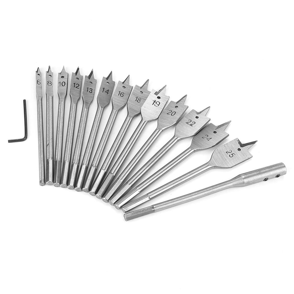 15pcs Carbon Steel Hex Shank Spade Flat Wood Drill Bit Set 6?25mm for Wood Drilling Power Tools