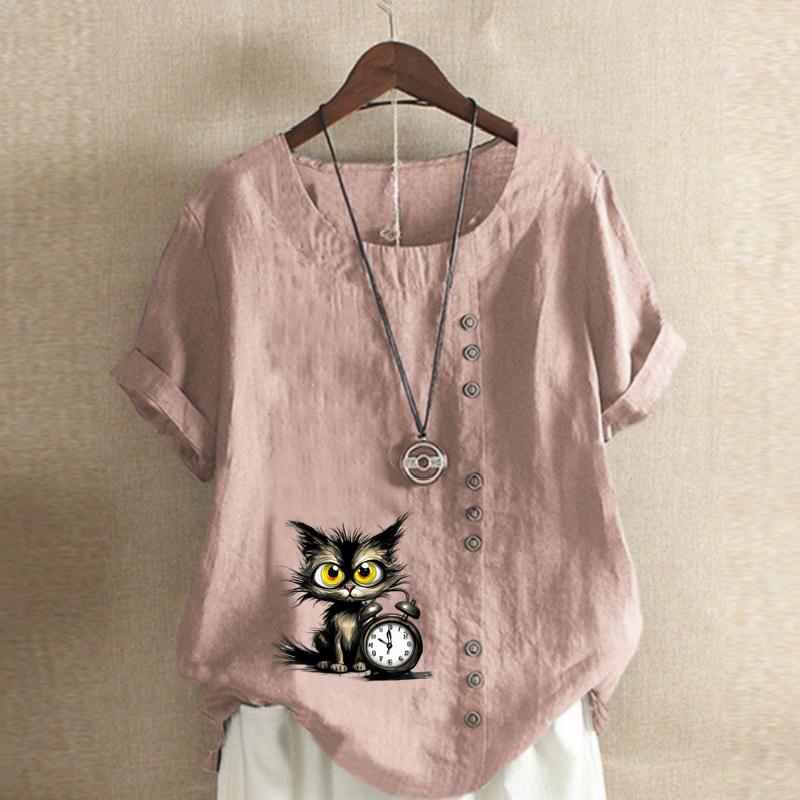 Women's Fashion Alarm Clock Black Cat Prined Short Sleeve T-shirt Loose Cotton Shirt Casual Loose Summer Blouse Tops Plus Size