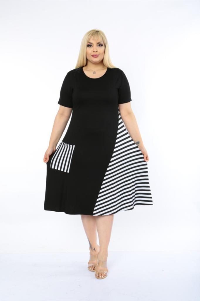 Women's Big Size Dress Cross Detailed Single Pocket Knee Length Short Sleeve Midi Length Stylish Summer Combed Cotton Dress