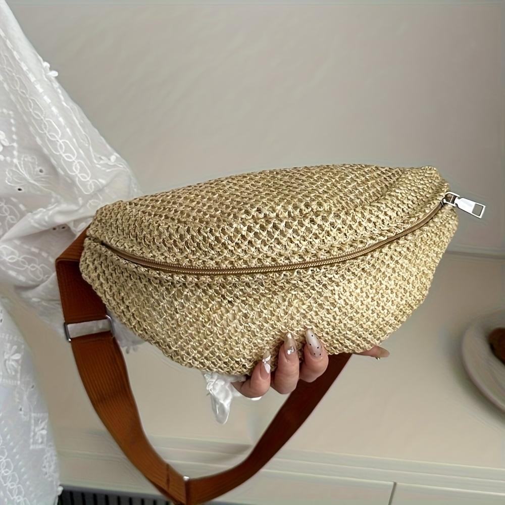Women'S Light Brown Woven Chest Bag with Zipper Closure - Breathable Crossbody Phone Pouch, Stylish Beach & Sports Waist Bag, Casual Activity Bag