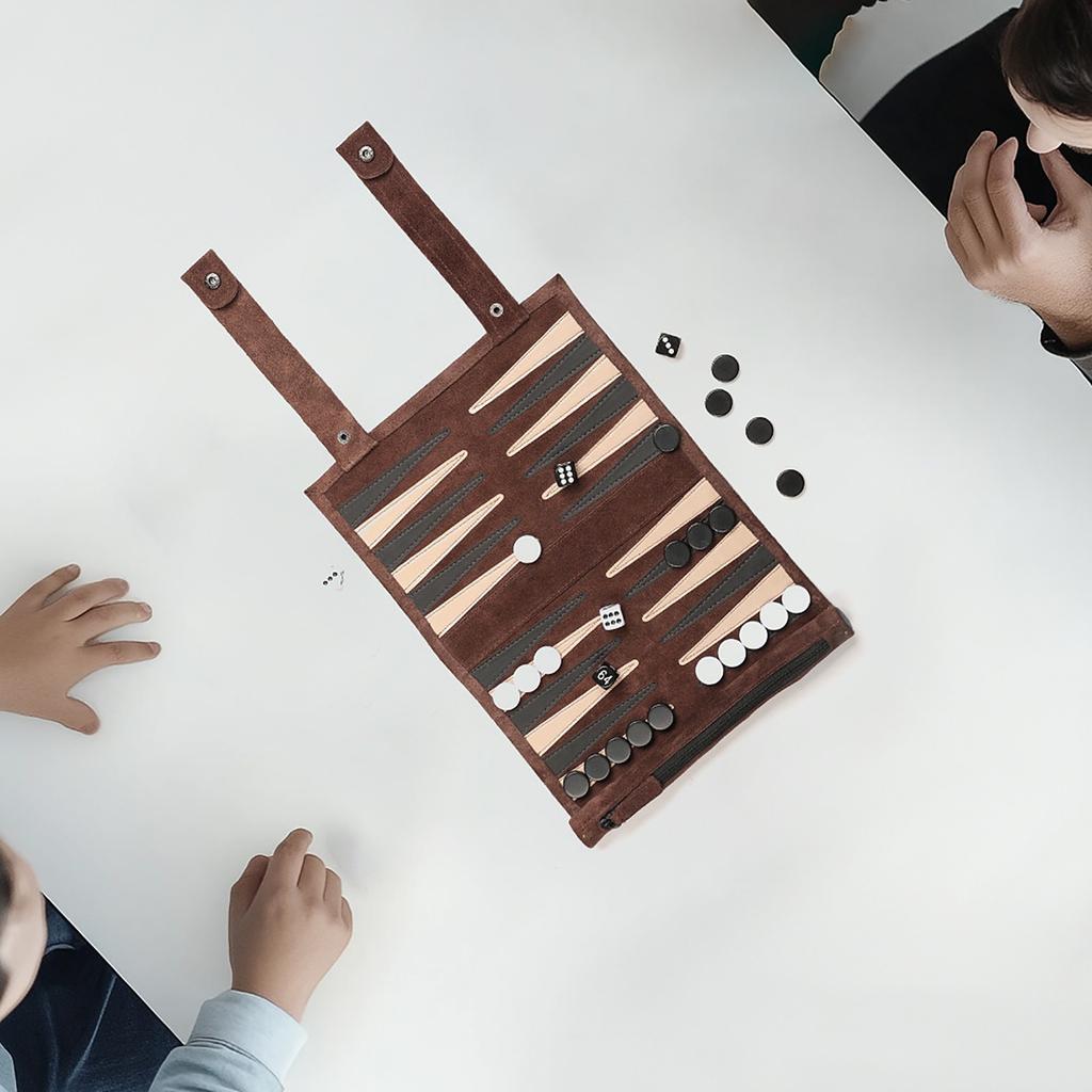Reise-Backgammon, Rollbares Backgammon für unterwegs und auf der Rückseite Gammon, Hochwertiges Backgammon-Etui, Spiel Reise, Spiel Reise-Backgammon, Leder