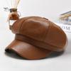 Women Beret Hat Spring Summer Retro Solid Color Faux Leather Short Brim Decorative Sun Protection Anti-UV Breathable Lady Painter Unisex Octagonal Cap