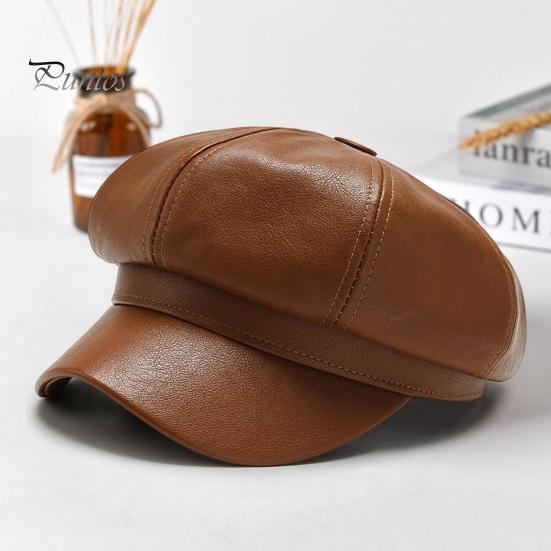 Women Beret Hat Spring Summer Retro Solid Color Faux Leather Short Brim Decorative Sun Protection Anti-UV Breathable Lady Painter Unisex Octagonal Cap