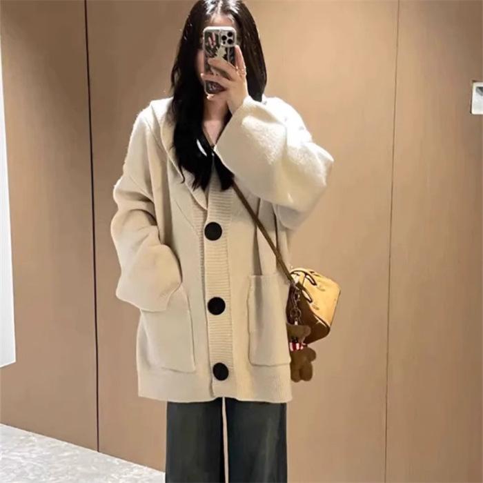 Women's Autumn & Winter Lazy Style Hooded Knit Cardigan - Korean Loose-Fit, High-Class Temperament Sweater Coat