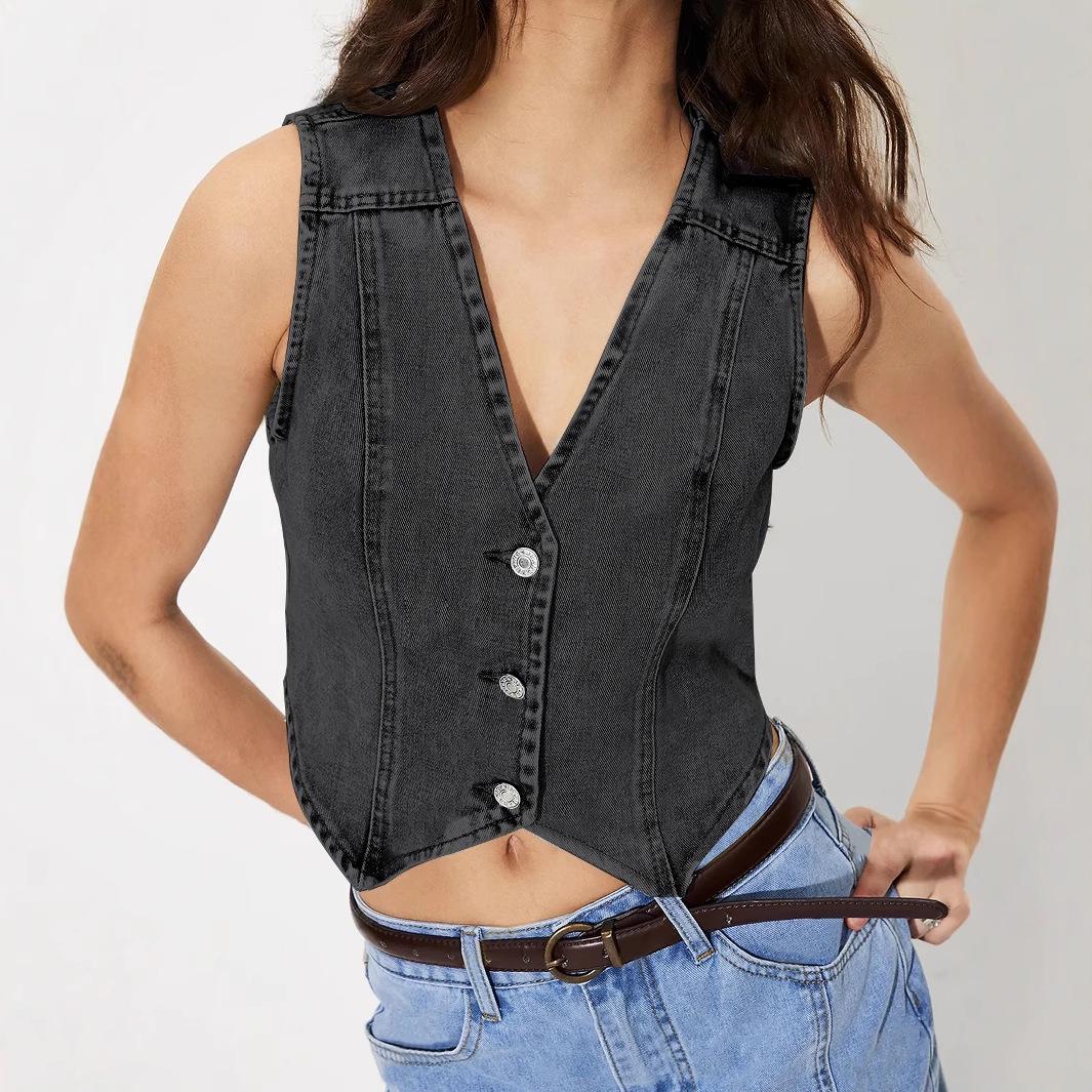

Women s V-neck Denim Vest Top - European & American INS Style Small