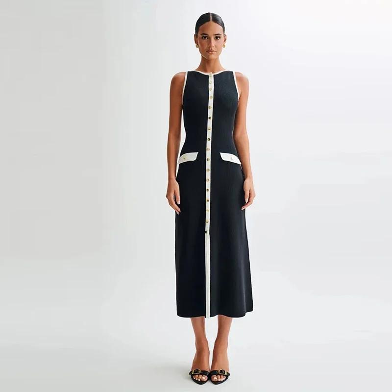 Elegant Knitted Long Dress Women Slim O-neck Single Breasted Sleeveless Contrast Dresses Early Autumn Office Lady Robes