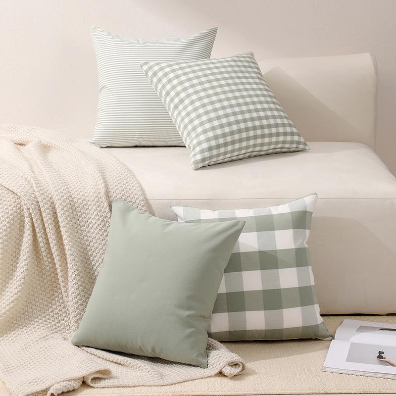 Polyester-cotton Canvas Casual Plaid Striped Bean Green Series Pillowcase Living Room Sofa Splicing Simple Pillowcase