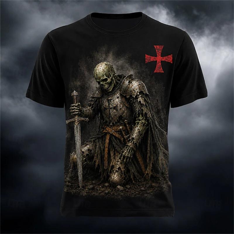 New Men's Halloween Crew-Neck Short-Sleeve T-Shirt Grim Reaper Scythe and Skeleton Print Crew-Neck Short-Sleeve Men's Top