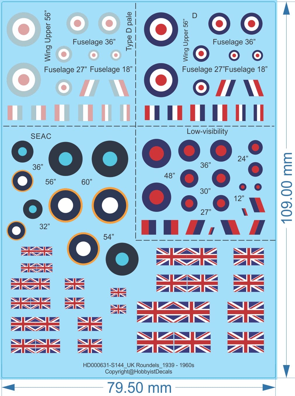 UK Roundels_1939 - 1960s - 1/24 1/32 1/48 1/72 1/144 - Water Decal - Waterslide, 1/24