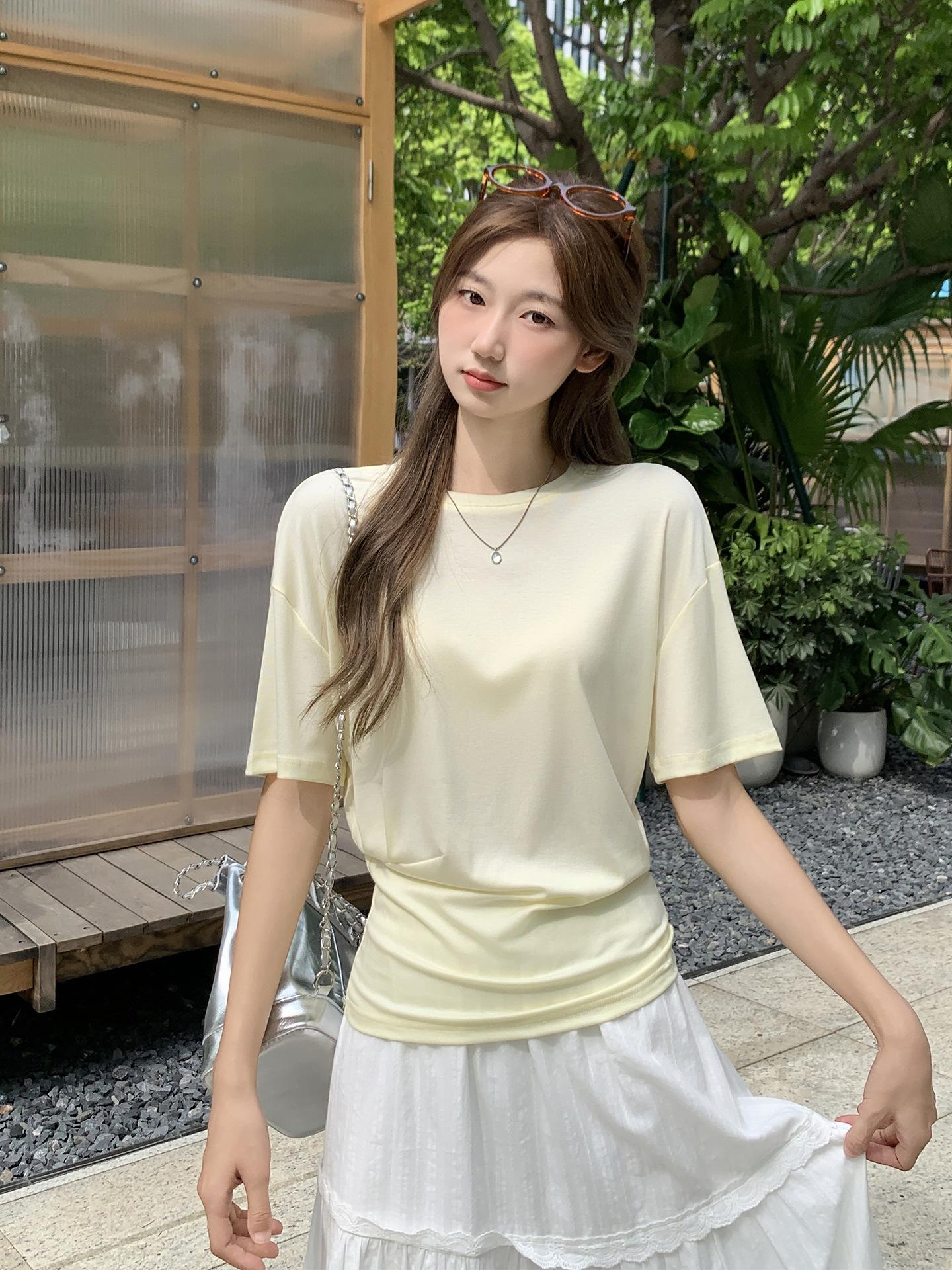 Korean milk yellow sweet girlish crew neck pleated short-sleeved T-shirt women s summer new loose casual top S
