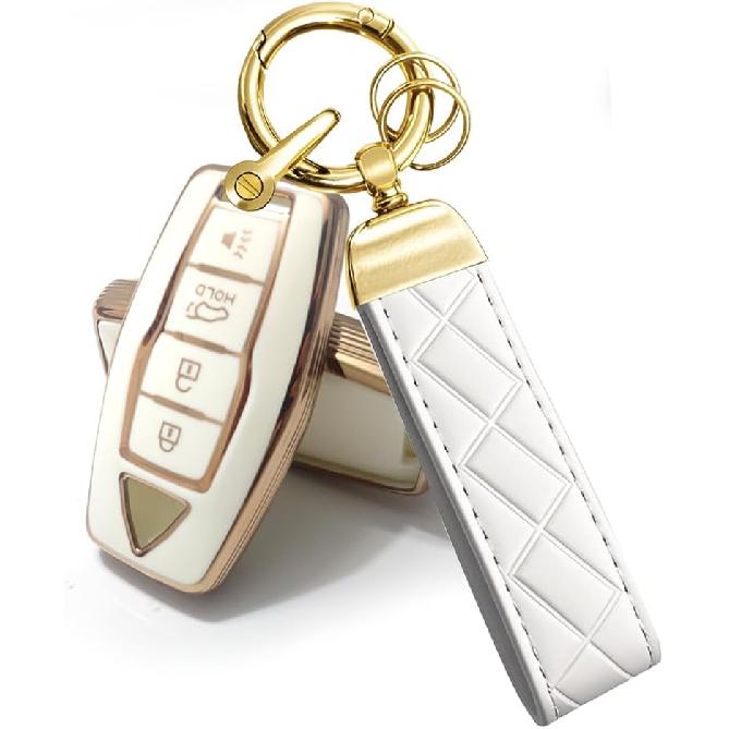 Car Key Fob Cover Compatible with Mitsubishi Outlander 2025 2024 2023 2022 Case TPU Protector Cover Keychain 4 Buttons Gold White