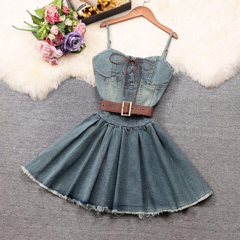 2025 Summer Plus Size Retro Denim Waist-Cinching Slip Dress for Women