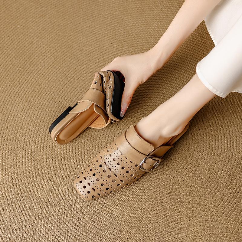 Fashion 2025 Summer Women Mules Genuine Leather Women Shoes Square Toe Chunky Heel Cover Toe Sandals Hollow Out Modern Slippers