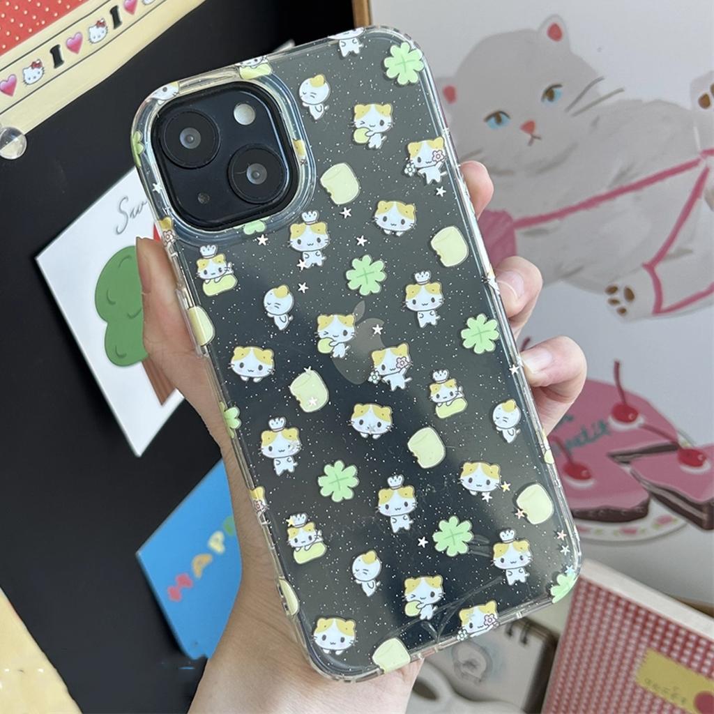Japan INS Creative Cute Clover Cotton Candy Cat Glitter Phone Case For iPhone 16 15 14 13 12 11 Pro Max XR MAX 78Plus Y2k Cover