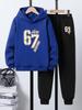 Boys' Casual Two-Piece Hoodie and Pants Set - "67 Number Patchwork" Print, Comfortable Long-Sleeved Pullover and Jogging Pants