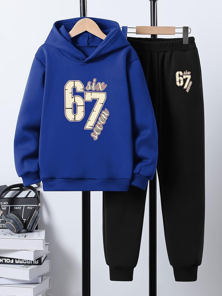 Boys' Casual Two-Piece Hoodie and Pants Set - "67 Number Patchwork" Print, Comfortable Long-Sleeved Pullover and Jogging Pants