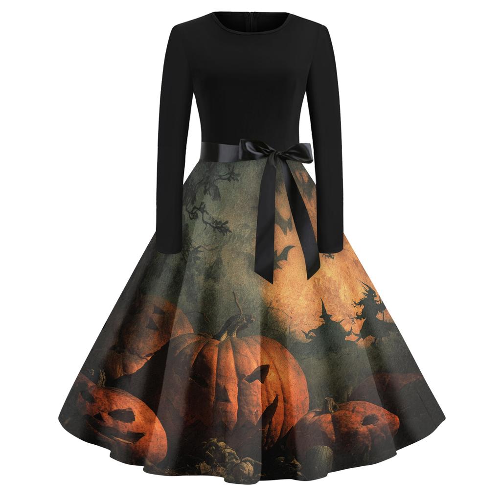 Women's Casual Fashion Round Neck Halloween Printed Vintage Dress