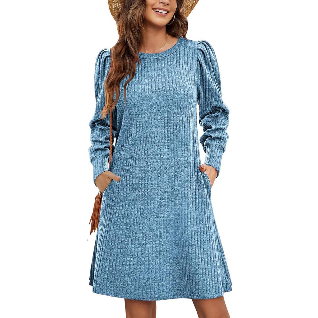 Vestido de Suéter Casual para Mujer Vestido de Verano de Punto de Invierno con Bolsillos Túnica de Manga Larga Ropa Mantener Caliente Vestidos Midi
