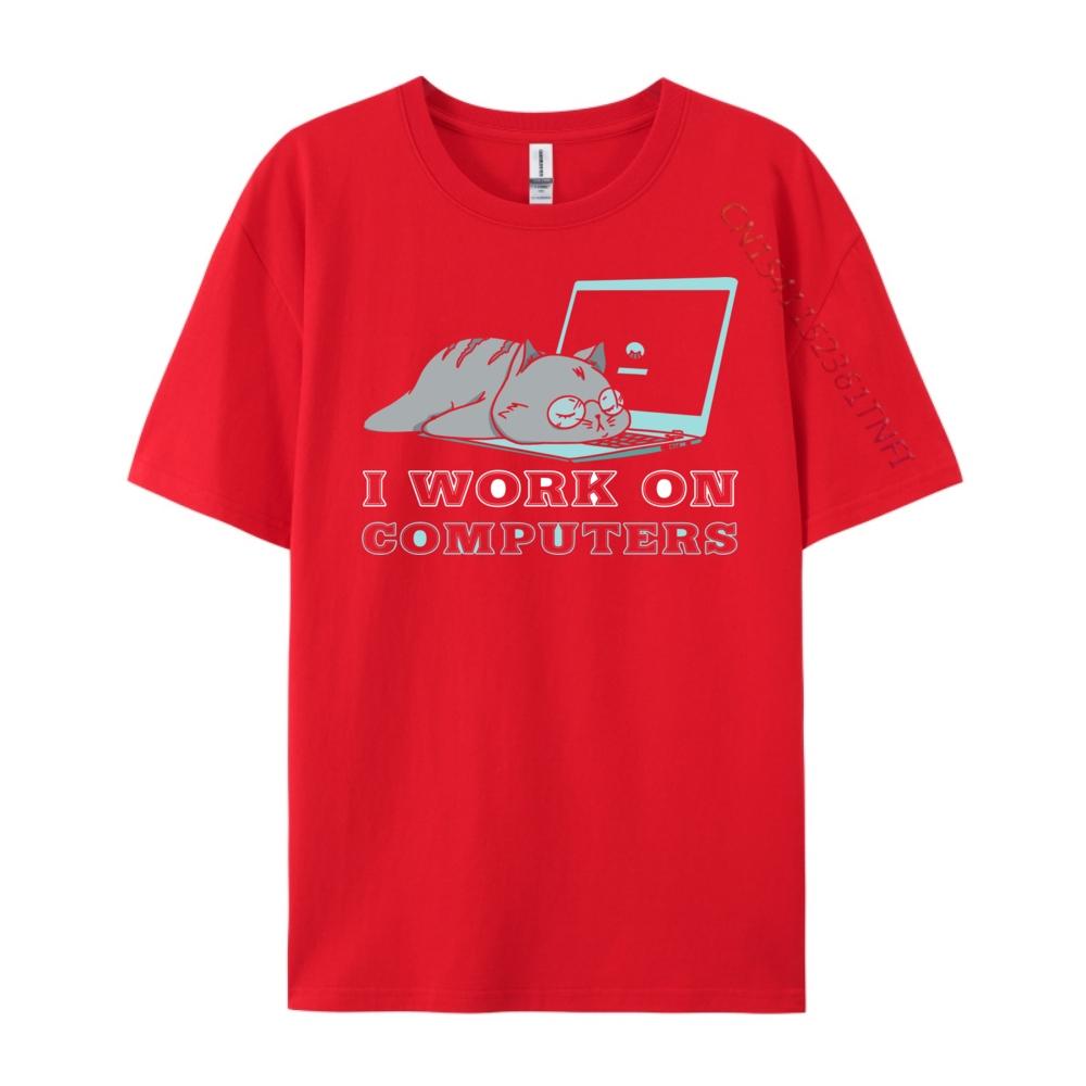 Funny Cat And Computer Laptop Pet Lovers I Work On Computers Clothing Mens Clothes Vaporwave Graphic tshirt S