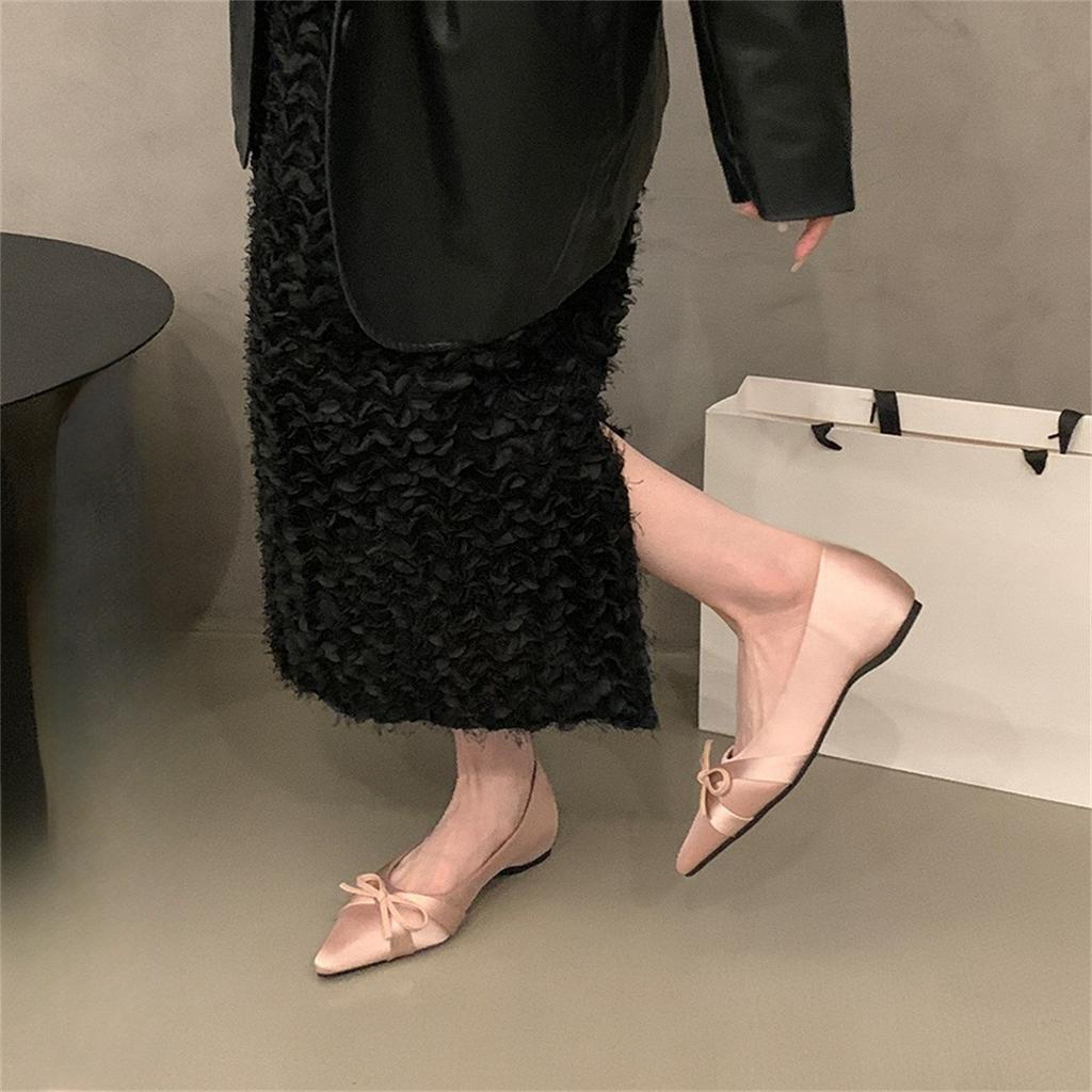 Inner heightening pointed satin French small single shoes women's shoes 2025 new spring and autumn bow black commuter ladyshoes