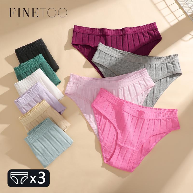 FINETOO 3Pcs/Set Cotton Striped Stretchy Underwear Women's Low Waist Panties Sexy Elastic Wide Belt Solid Color Briefs Comfort Lingerie
