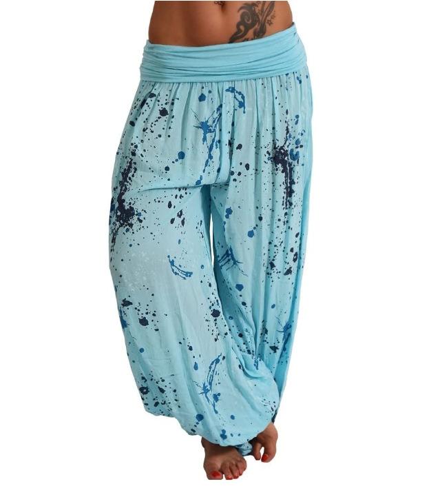 Women Casual Boho Print Pants Wide Leg Pants Loose Pocket Button Pants