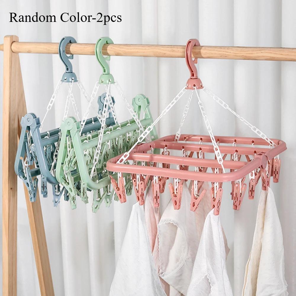 1pc Folding Hangers Multi-Functional Windproof Socks Clip Drying Hangers Household Plastic Clothing Socks Drying Hangers 32Clips
