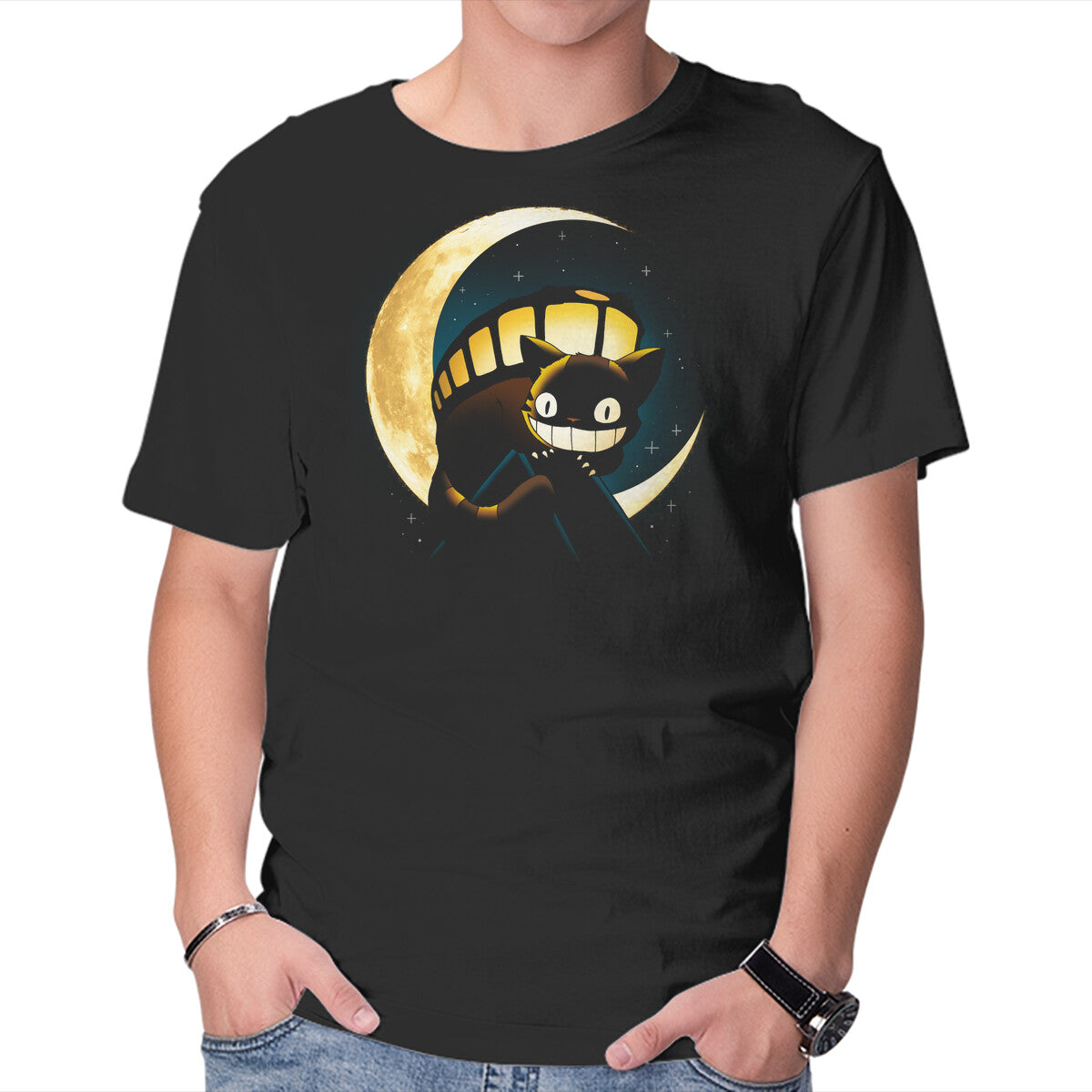 Unisex Crew Neck T-Shirt Magic Cat Moon Graphic Short Sleeve Casual Tee XL