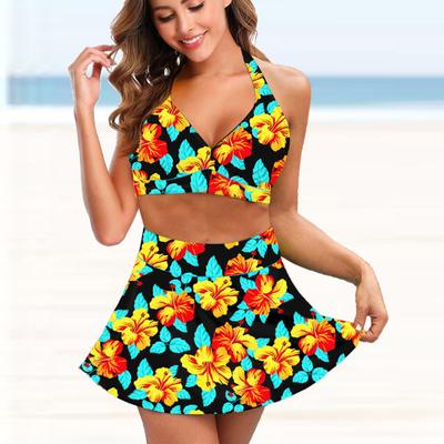Costum de baie pentru damă, cu agățat la gât, cu bikini galben cu imprimeu floral