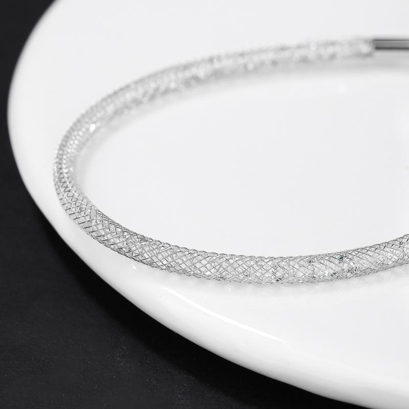 Sturdy Steel Wire White Crystal Jewelry Bracelet Secure Lock Design Steel Mesh Wrist Jewelry For Outdoor Activities