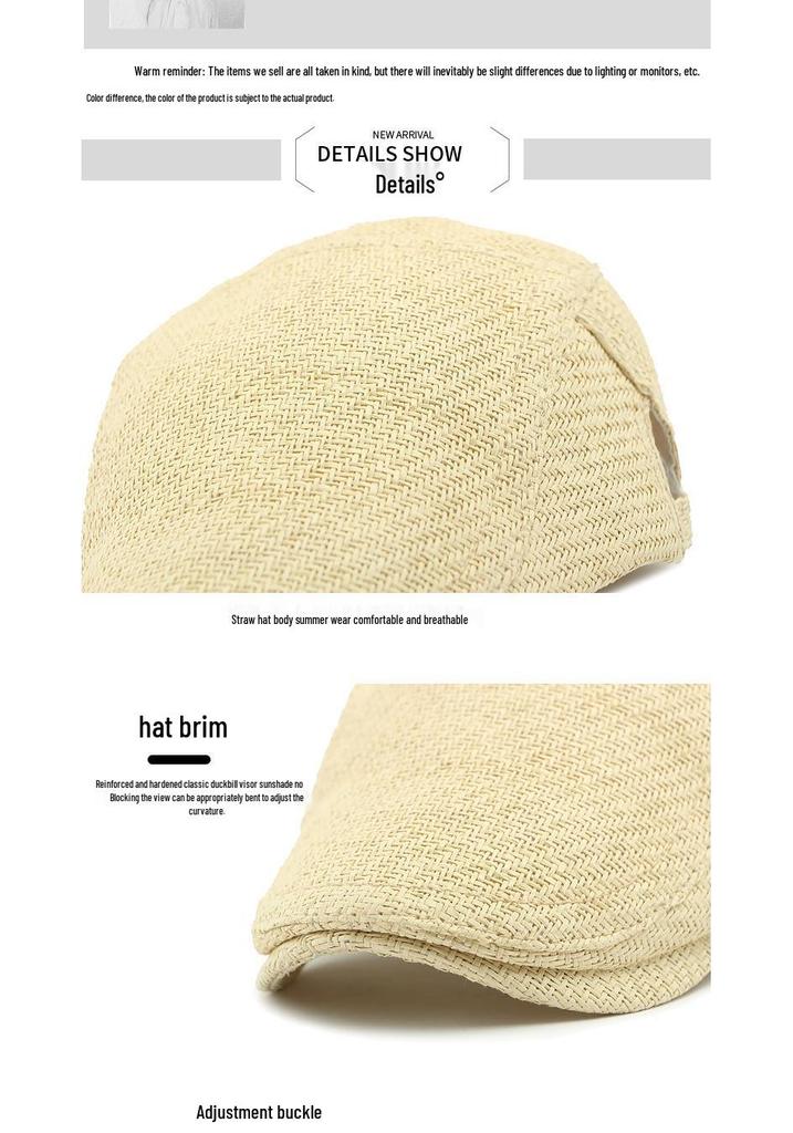 Men's Straw Hat Beret: Spring/Summer Sun Protection, Retro Duckbill Newsboy Cap.
