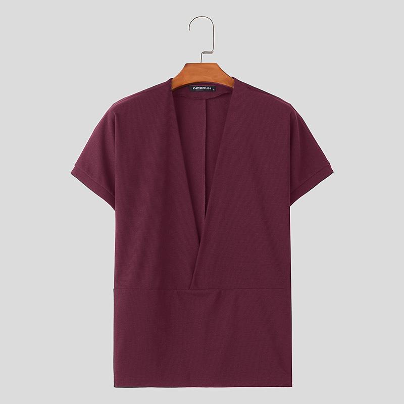 

INCERUN Летние мужские футболки с глубоким V-образным вырезом, однотонные топы в рубчик с вафлями 2XL фиолетовый