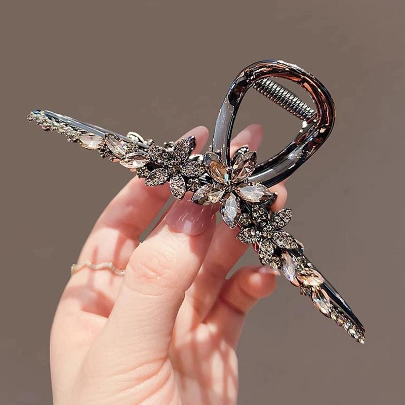 1Pcs High End Back of Head Hair Clip Women Headwear Crystal Flower Hair Accessories Large Size Black Metal Hair Claw