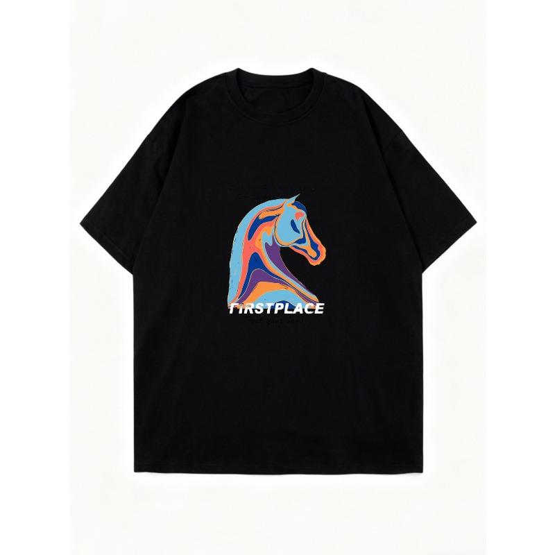 Oversized T Shirt Black Horse Graphic And First Place Text Casual Streetwear Fashion For Women