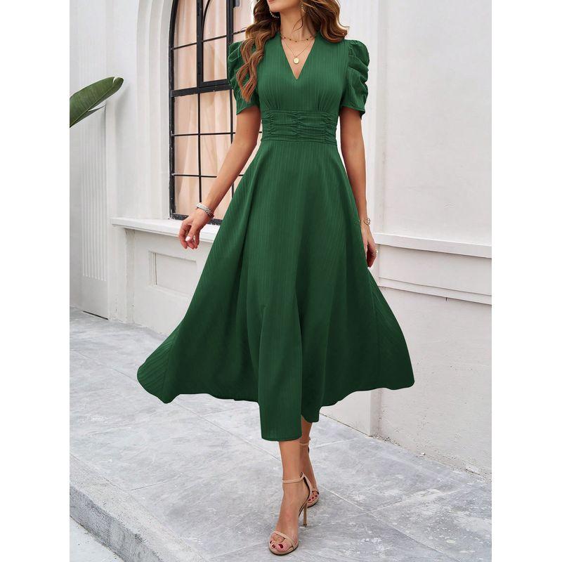 

2025 Solid Color High Waisted Short Sleeved Dress Beautiful blue S