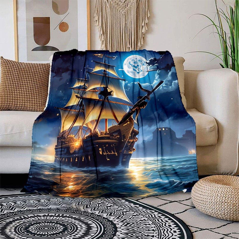 

Pirate Ship Adventure: Moonlit Ocean Night Scene Blanket Flannel Throw Blanket for Sofa, Bed, Travel, Camping, Office, Couch, Chair, And Be 150x180cm