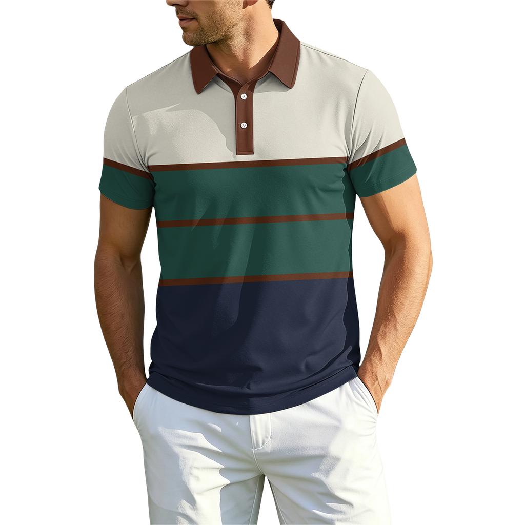 Men's Short Sleeve Polo Shirt Classic Fit Striped Print with Collar and Button Placket Casual Top